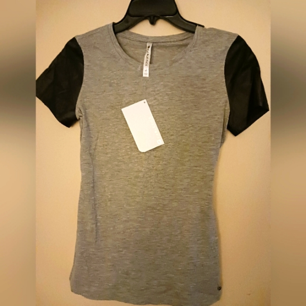 Gray top w/ faux leather detail Sz XS by Fabletics nwt